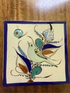 Ken Edwards Mexico Signed Pottery Tile 6 x 6 Bluebird Butterfly